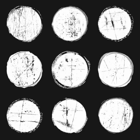 Set grunge white circles on a black background. On a black background.のイラスト素材