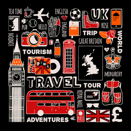 Travel to England set. The black background of the characters traveling through England.のイラスト素材