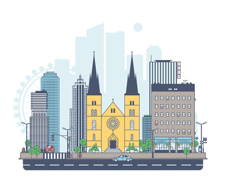 Panorama of the city. Church on the city background.のイラスト素材
