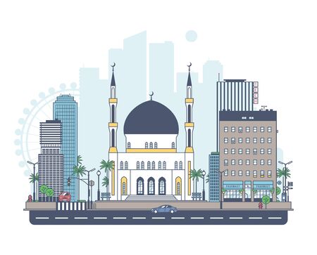 Mosque on the background of the city. Panorama of the city.のイラスト素材
