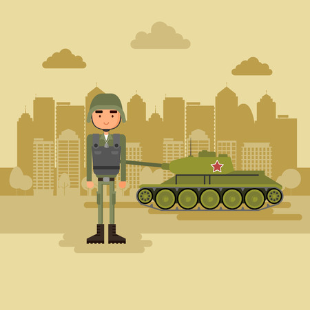 Military town in the background. Concept art military near the tank.のイラスト素材