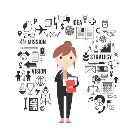 The girl in the business concept. Set of icons on white background.のイラスト素材