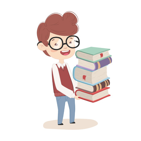 The child goes to school. Concept vector illustration. The boy with books in their hands, painted in a cartoon style.のイラスト素材