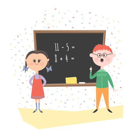 Children have a school Board decide examples. Boy and girl at the blackboard in class.のイラスト素材