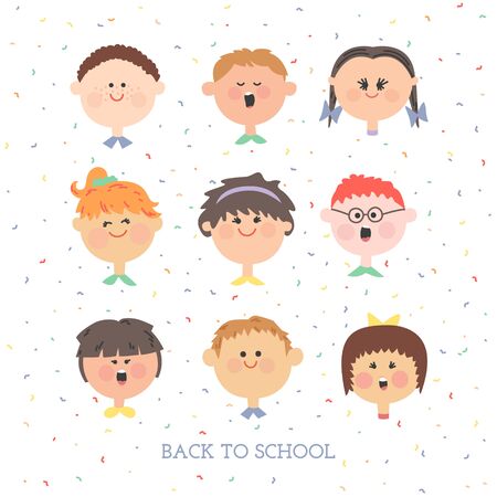 A set individuals. Boys and girls. Pupils. Children faces on white background.のイラスト素材