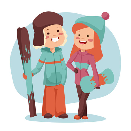 Winter sports illustration. Boy and girl have a rest after the descent.のイラスト素材