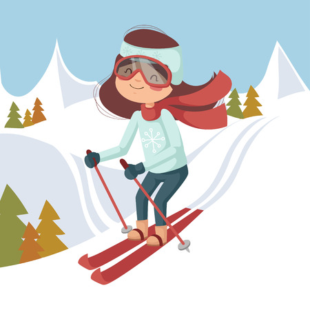 The boy on skis. Background mountains and forest.のイラスト素材