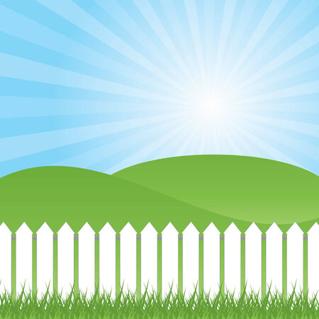 White fence and green grass on blue sky background, vector illustrationのイラスト素材