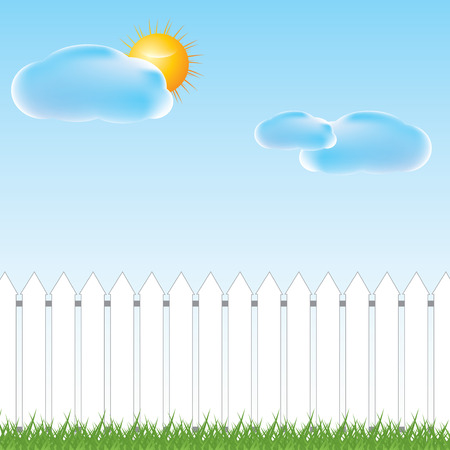 White fence and green grass on blue sky background, vector illustrationのイラスト素材