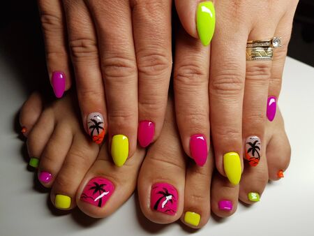 Beautiful colorful nails and hand manicure.のeditorial素材