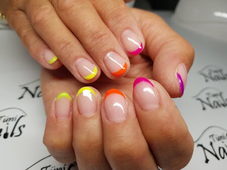Beautiful colorful nails and hand manicure.のeditorial素材