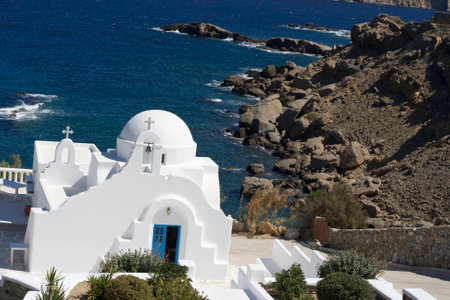 White church in Mykonos Greece with the beautiful sea viewの写真素材