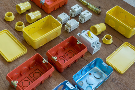 Electrical Tools for Construction on Wooden Backgroundの写真素材