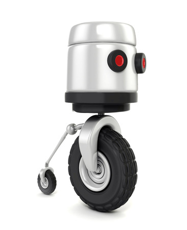 3d shinny and glossy robot on wheels isolated on whiteの写真素材
