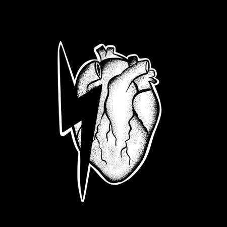 Heart lightning art Illustration hand drawn black and white vector for tattoo, sticker, logo etcのイラスト素材