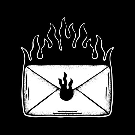 Mail icon flaming art Illustration hand drawn black and white vector for tattoo, sticker, logo etcのイラスト素材