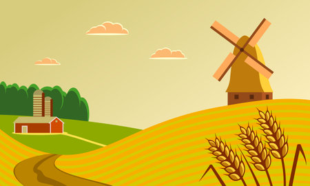 Rural landscape with fields, mill and farm. Vector illustration in flat style. Harvest time, banner...