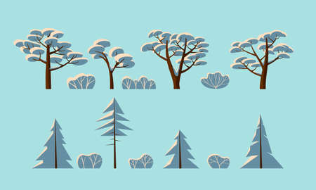 Set of winter trees and shrubs. Vector isolated objects in a flat style. Isolated backgroundのイラスト素材