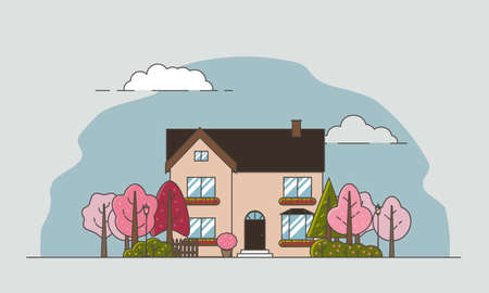 Spring landscape in a flat linear style. A house, trees and bushes against the sky. Vector illustration line art.のイラスト素材