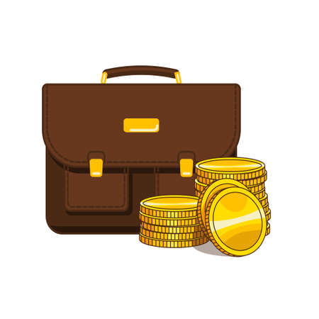Investment portfolio with gold. Briefcase and stacks of gold coins. Color vector illustration. White isolated background.のイラスト素材