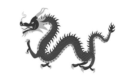 Chinese traditional dragon. Black and white vector illustration. White isolated background.のイラスト素材
