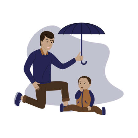 Dad covers his son with an umbrella. The concept of care, custody of a parents father over children. Color vector illustration of a flat style,のイラスト素材
