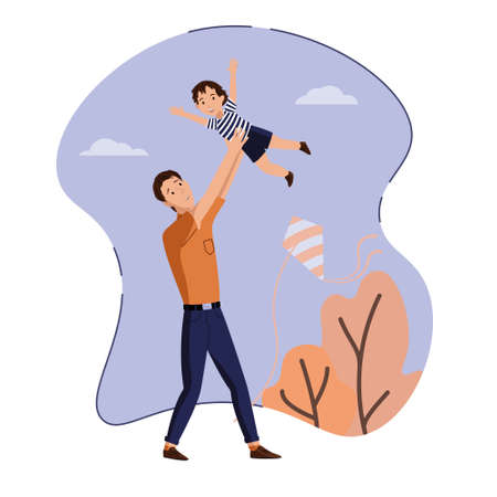 Father plays with son, throws him up. Against the background of sky, trees and flying snake. Concept of fatherhood, care and upbringing of children. Color vector illustration flat style.のイラスト素材