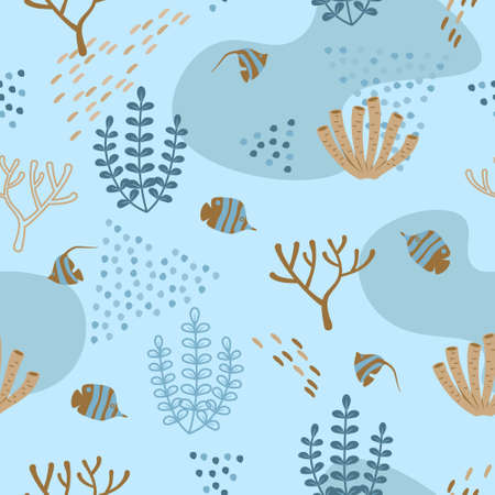 Seamless marine pattern. Algae, corals and fish. Blue-orange tones on blue background. Color vector illustration for fabric, wrapping paper, background.のイラスト素材