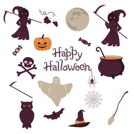 Set of objects for design for Halloween. Lettering, grim reapers, spider web, ghost, cauldron, owl. Color vector illustration, flat style. White isolated background.のイラスト素材