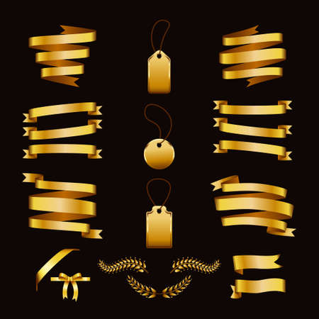 Set of gold banner ribbons, curved laurel branches, bow. Color vector illustration for advertising, discount, greeting banners. Isolated background.のイラスト素材