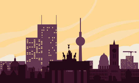 Berlin city landscape sights on the background of the dawn sky. Color vector illustration of flat style.のイラスト素材