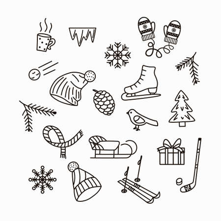 Set of winter doodles. Black and white illustration outline style. White isolated background.のイラスト素材