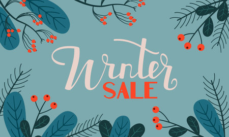 Banner with lettering winter sale. Abstract spruce branches, berries and leaves on blue background. Color vector illustration.のイラスト素材