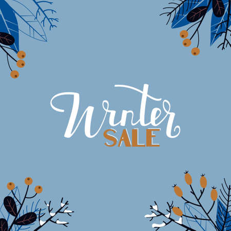 Banner winter sale. Lettering with branches, berries, branches on a blue background. Color vector illustration.のイラスト素材