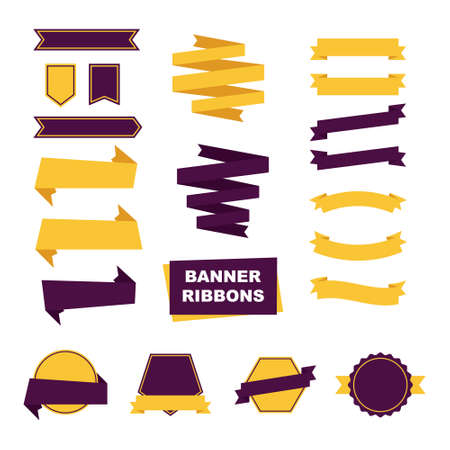 Set of banner ribbons, labels for advertising, discounts, promotions. Yellow-purple colors. Vector illustration, white isolated background.のイラスト素材