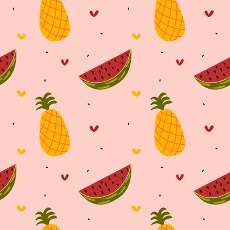 Seamless pattern of anas and watermelon with seeds and hearts. Color vector illustration of doodle...