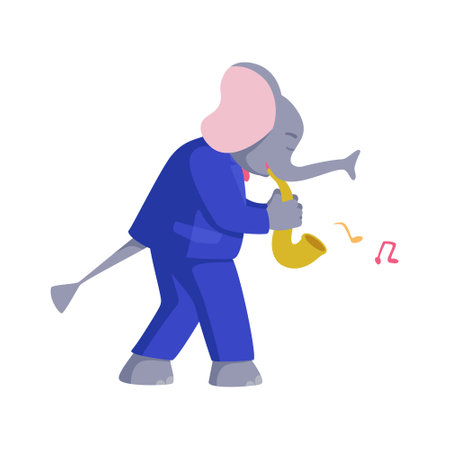 Elephant musician plays the saxophone. Color vector illustration flat style. White isolated background.のイラスト素材