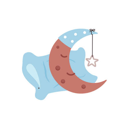 A cartoon moon in a cap with a star is sleeping on a pillow. Color vector illustration. White isolated background.のイラスト素材