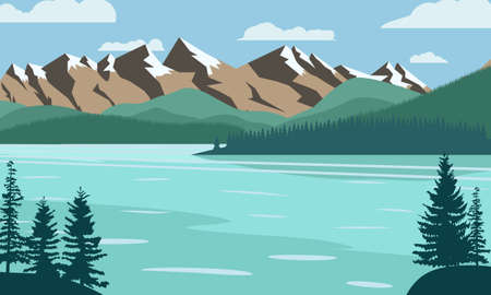 Landscape lake in the mountains. Color vector illustration, flat style.のイラスト素材