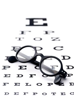 Old-fashioned round black eyeglasses, lying over the eye-checking chart