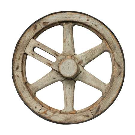 Isolated objects: one very old wooden waggon wheel on white backgroundの写真素材