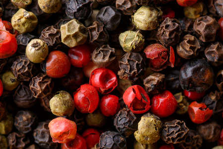 Backgrounds and textures: a lot of multicolored pepper corns, close-up shot, culinary abstractの写真素材