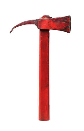 Old red axe with wooden handle, firefighter tool, isolated on white background