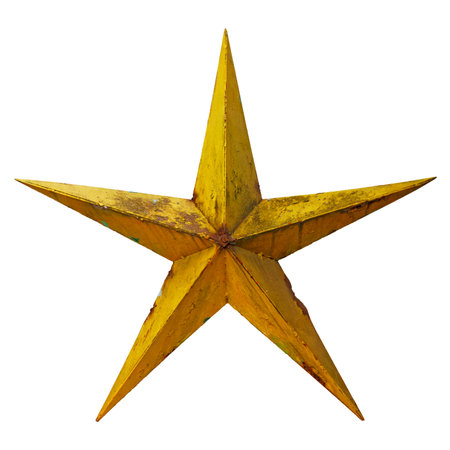 Very old shabby and rusted five-pointed yellow metal star, isolated on white backgroundの写真素材