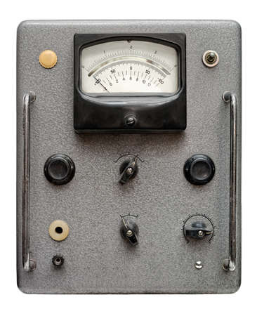 Isolated objects: very old control panel with switches, lamps, indicators, scales and dials, on white backgroundの写真素材