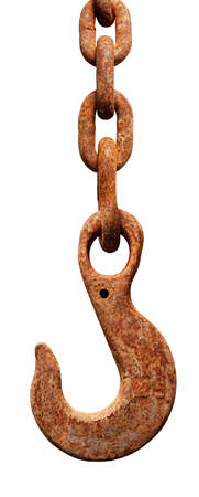Isolated objects: old construction crane hook, weathered and rusty, on white backgroundの写真素材