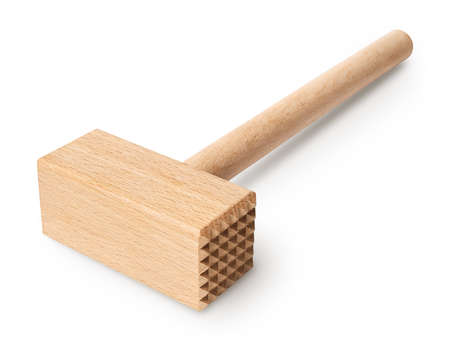 Isolated objects: traditional wooden meat tenderizer, kitchen utensil, on white background