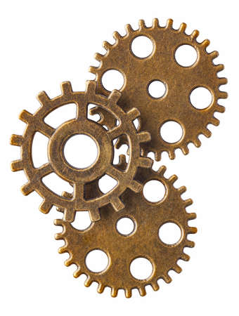 Group of three bronze cogwheels, isolated on white background