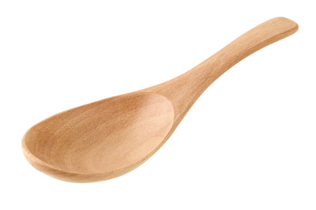 Single small empty wooden spoon, isolated on white backgroundの写真素材