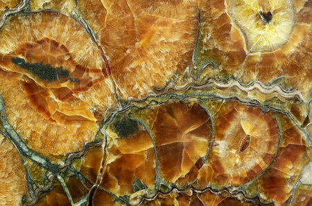 Surface of beautiful decorative stone, natural abstract pattern of black, grey and yellow crystals, stripes, swirls, twirls, lines, cracks, spots and stainsの写真素材